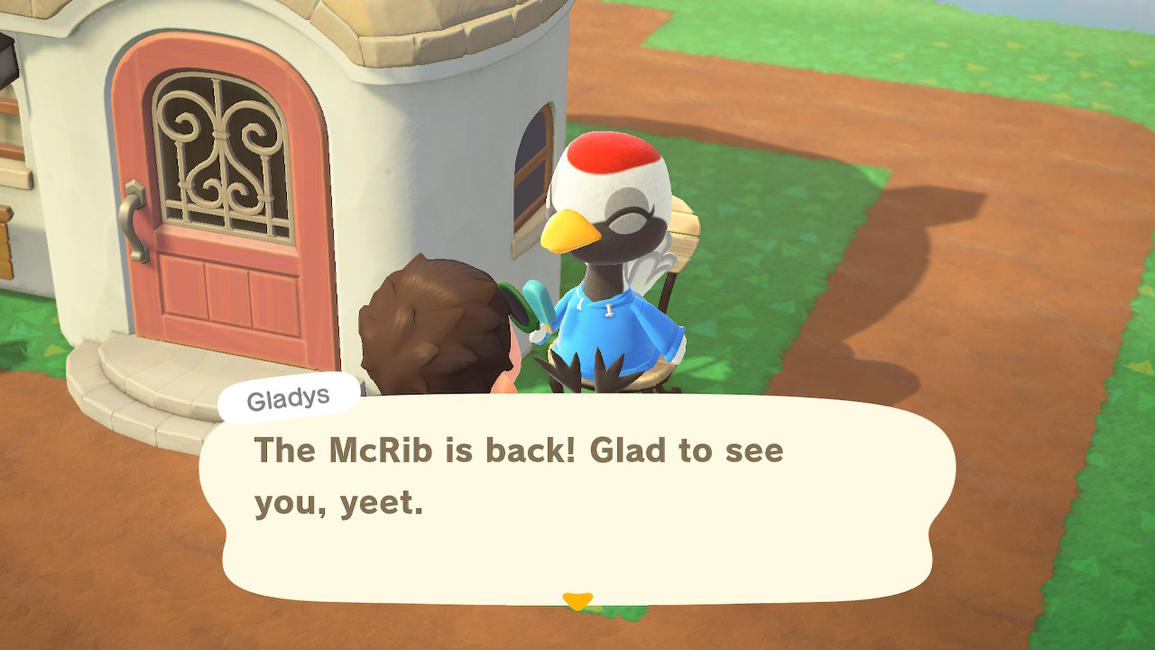 Gladys the  bird talks to a villager player character in front of her house, saying 'The McRib is back! Glad to see you, yeet.'