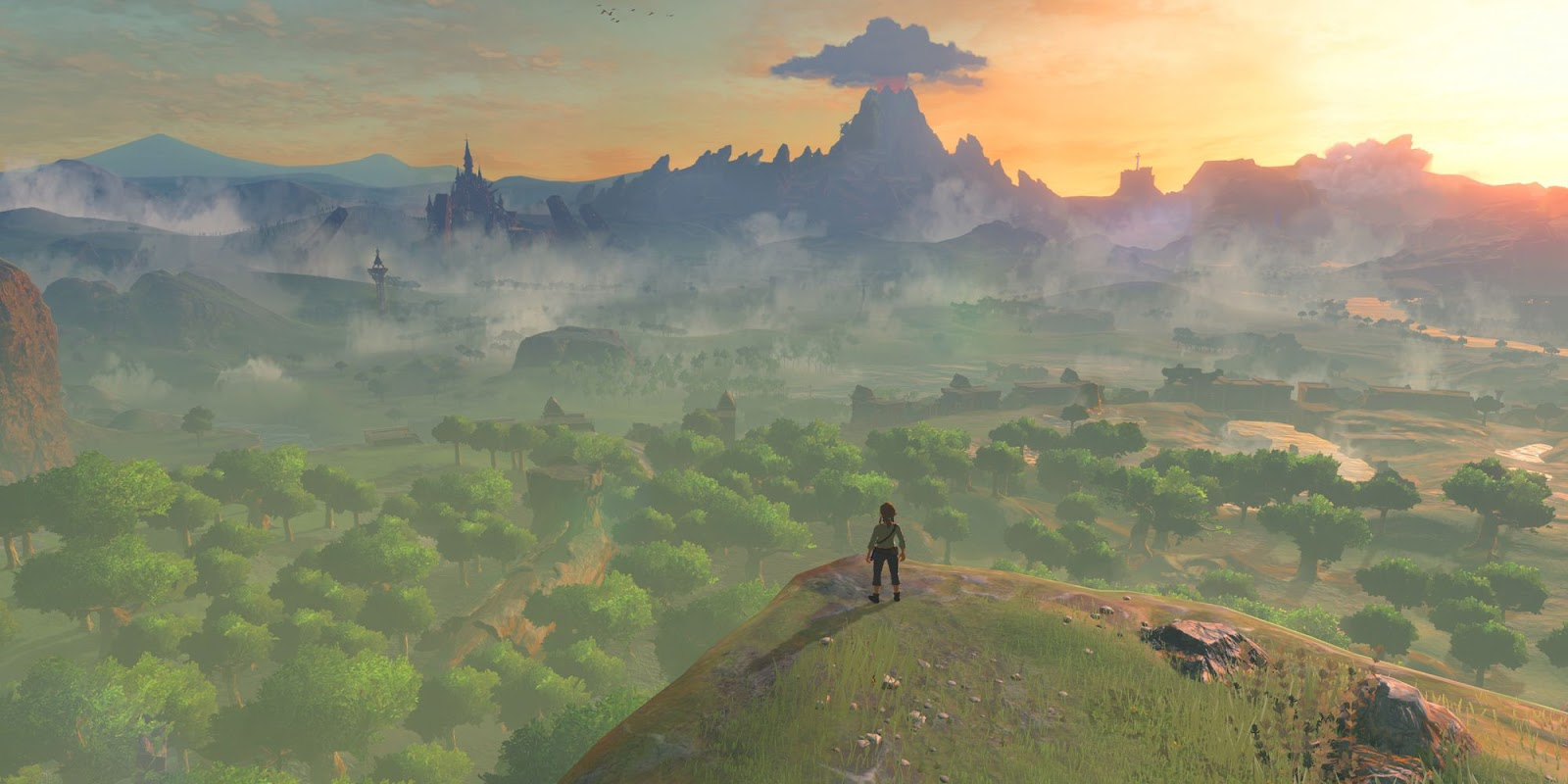 Link stands overlooking the Great Plateau in the iconic shot from the end of the opening sequence of Breath of the Wild