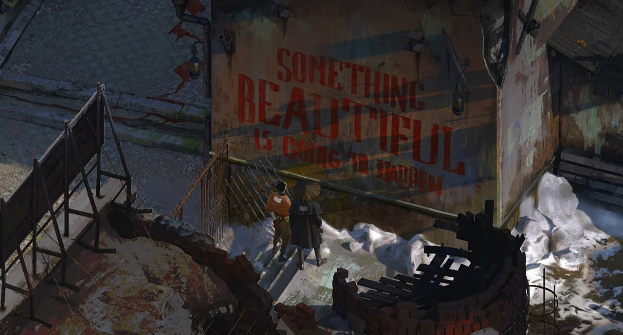 the two main characters of the game stand in front of a giant piece of graffiti that reads 'something beautiful is going to happen'