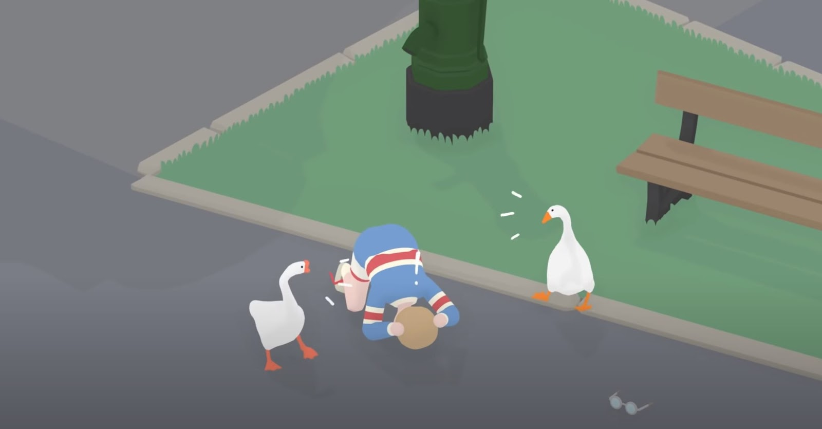 two cartoon geese harass a young boy who huddles on the ground in agony