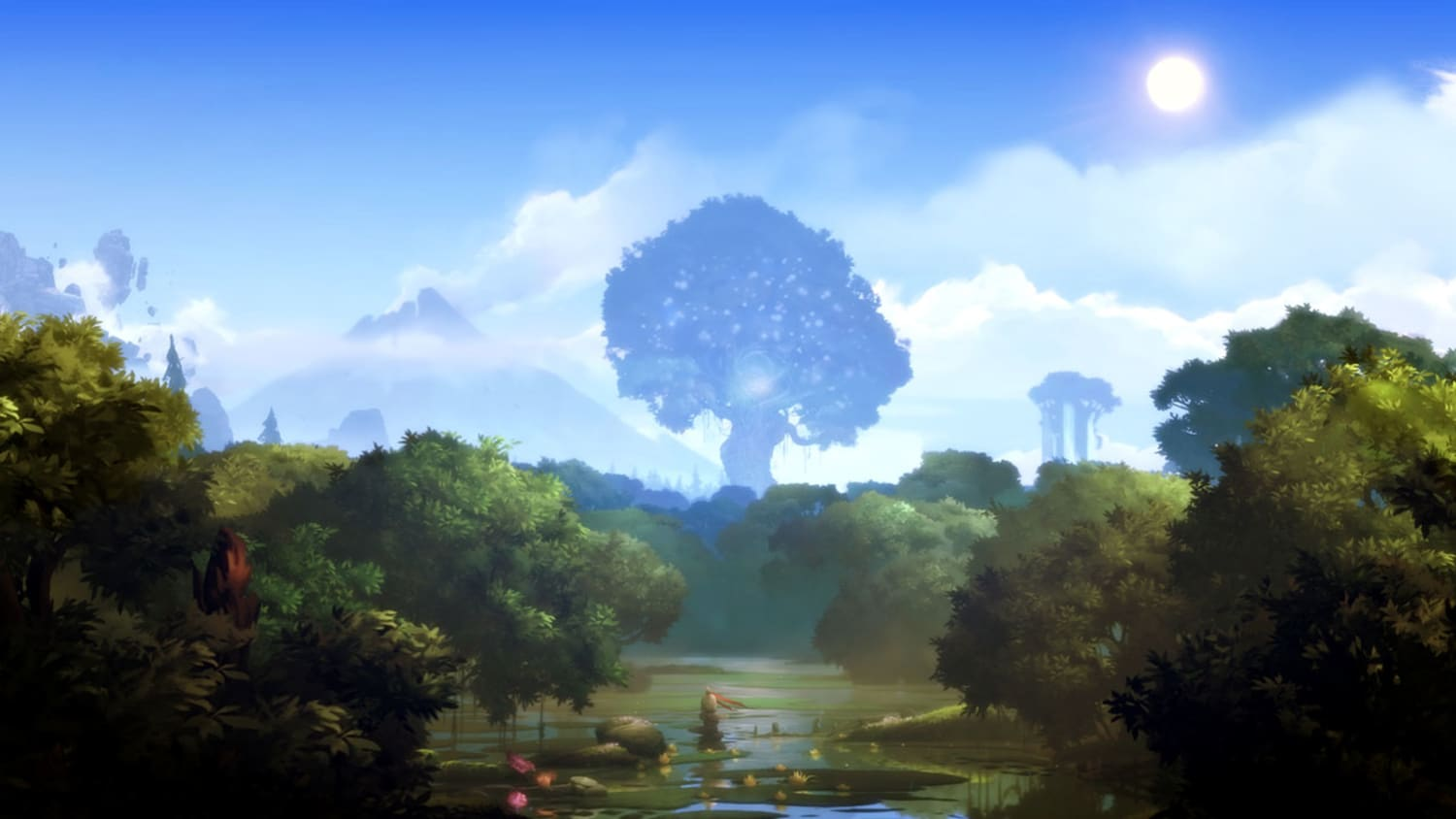 a landscape view of the locale of the game: a mostly clear day with some clouds in the distance, a vibrant swamp, a lush forest, and in the distance, a huge tree with a glowing light near the top of its trunk