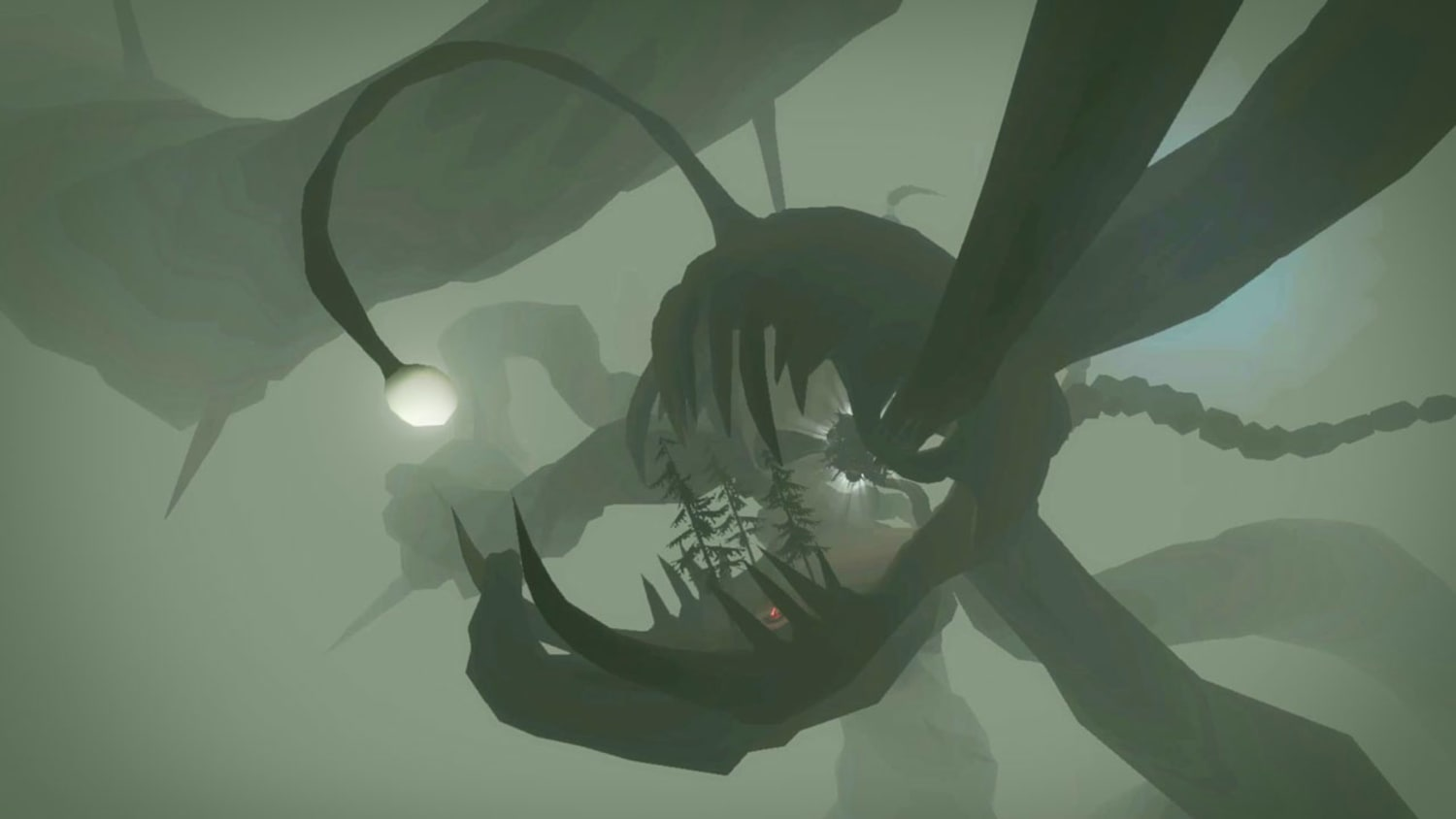 the skeleton of a giant anglerfish in a foggy scene
