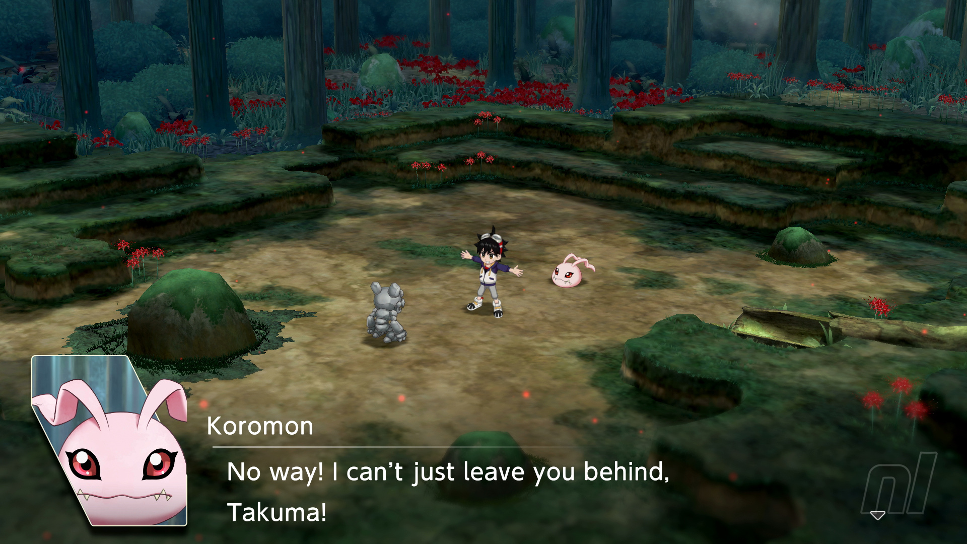 Koromon says 'No way! I can’t just leave you behind, Takuma!' while Takuma stands between Koromon and some kind of grey goblin-like creature