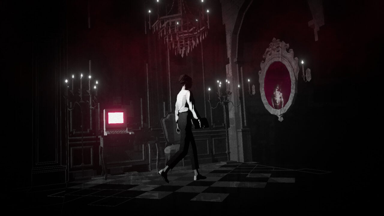 lorelai walks across an ornate room with a glowing computer screen and a mirror with a distorted picture visible in it