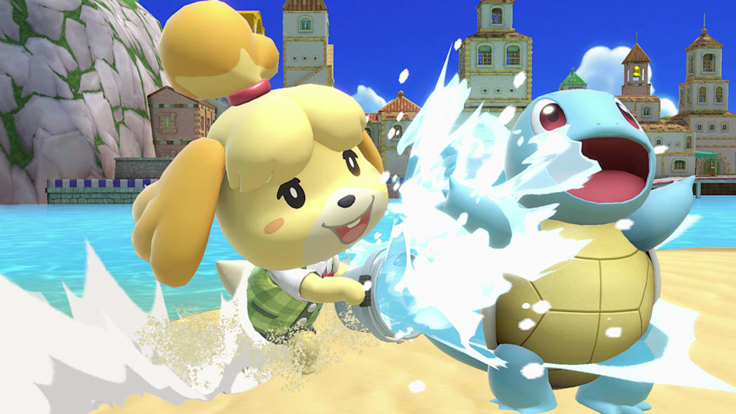 Isabelle, on an island off the coast of Delfino Plaza, throws a bucket of water towards a jubilant Squirtle from behind