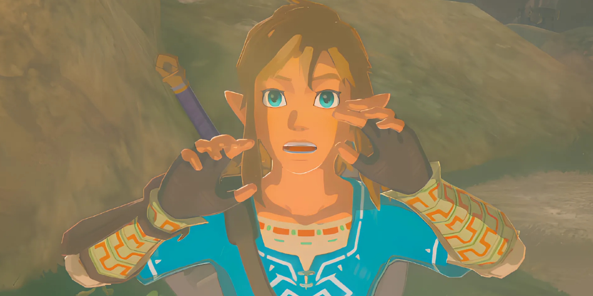 Link looking horrified as he holds his hands up in front of his face