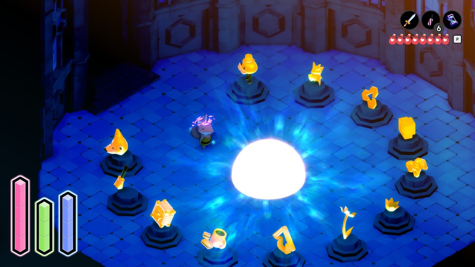 john tunic, protagonist of tunic, stands in a trophy room full of bepedestaled golden trophies arranged in a circle with a glowing white dome in the middle