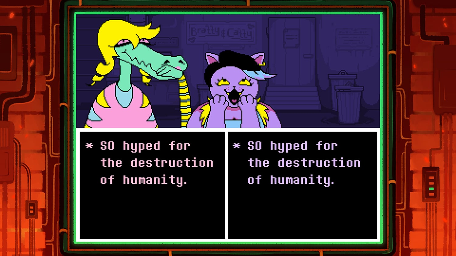 two femme anthro characters expressing excitement while they both simultaneously say in individual
                                dialog boxes 'SO hyped for the destruction of humanity.'